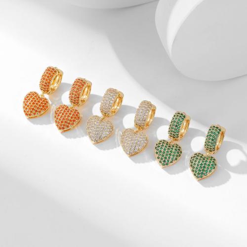 Cubic Zirconia Micro Pave Brass Earring, Heart, plated, fashion jewelry & micro pave cubic zirconia & for woman, golden, Sold By Pair