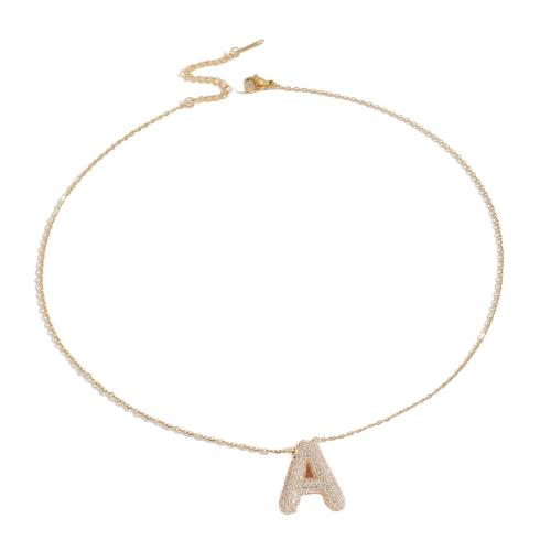 Cubic Zircon Micro Pave Brass Necklace, with 2.36 Inch extender chain, Alphabet Letter, plated, fashion jewelry & micro pave cubic zirconia & for woman, golden, Length:14.37 Inch, Sold By PC