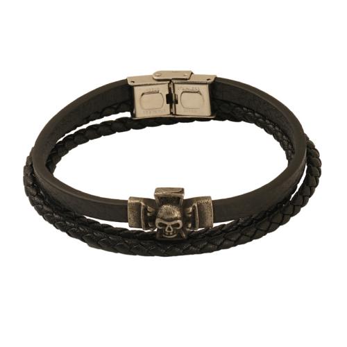 Cowhide Bracelet, Full Grain Cowhide Leather, with 304 Stainless Steel, three layers & fashion jewelry & for man, black, Length:21.5 cm, Sold By PC