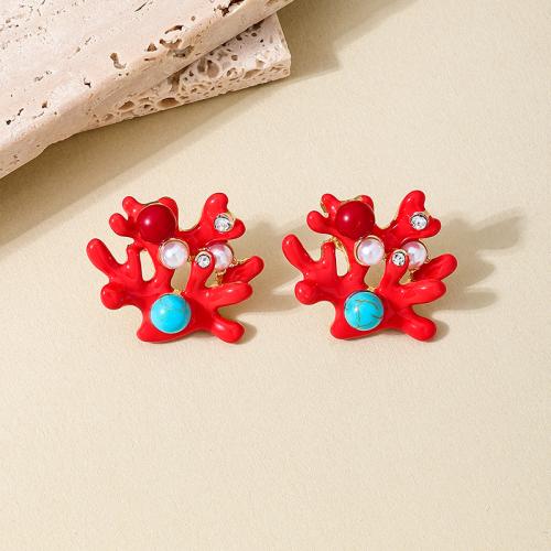 Boucle d'oreille dormeuse en alliage de zinc, avec turquoise synthétique & perle de plastique, Placage, pavé de micro zircon & pour femme & émail, rouge, Vendu par paire