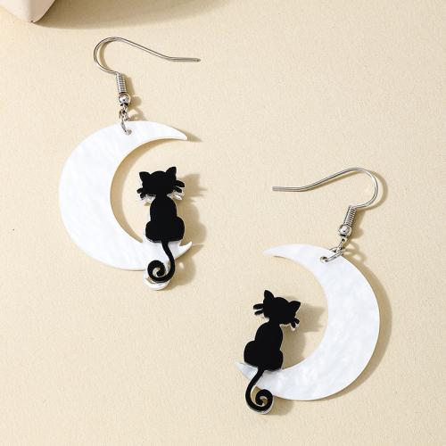 Tibetan Style Drop Earrings, with Acrylic, Cat, plated, for woman, white, Sold By Pair