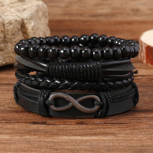 PU Leather Cord Bracelets, with Tibetan Style, plated, 4 pieces & multilayer & Unisex, black, Sold By Set