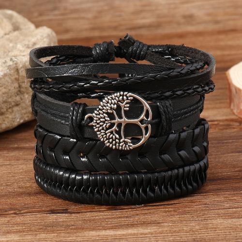 PU Leather Cord Bracelets, with Tibetan Style, 4 pieces & for man & hollow, black, Sold By Set