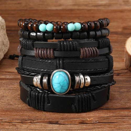 PU Leather Cord Bracelets, with turquoise & Wood & Tibetan Style, 6 pieces & for man, black, Sold By Set