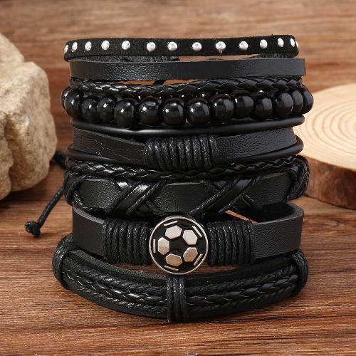 Pulseras de Cordón de PU, Cuero de PU, con aleación de zinc, 6 piezas & estilo punky & para hombre, Negro, Vendido por Set