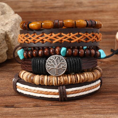 PU Leather Cord Bracelets, with Wood & Tibetan Style, 5 pieces & folk style & for man, mixed colors, Sold By Set