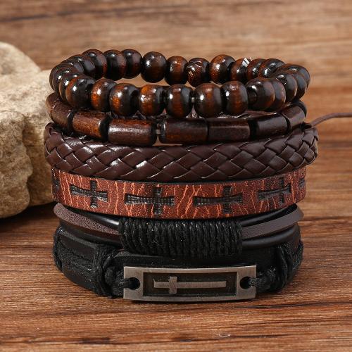 PU Leather Cord Bracelets, with Wood & Tibetan Style, 6 pieces & folk style & for man, mixed colors, Sold By Set