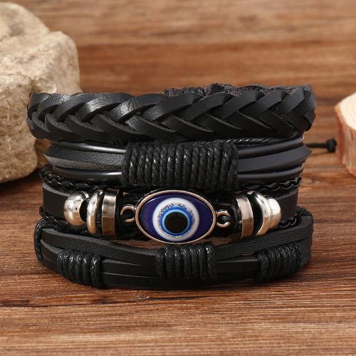 PU Leather Cord Bracelets, with Glass & Tibetan Style, 4 pieces & punk style & for man, black, Sold By Set