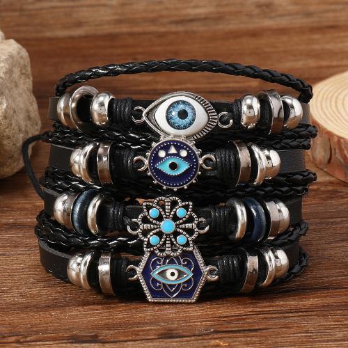 Pulseras de Cordón de PU, Cuero de PU, con Vidrio & aleación de zinc, 4 piezas & para hombre, Negro, Vendido por Set