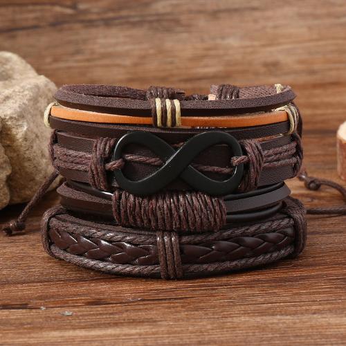 PU Leather Cord Bracelets, with Tibetan Style, vintage & 4 pieces & for man, coffee color, Sold By Set