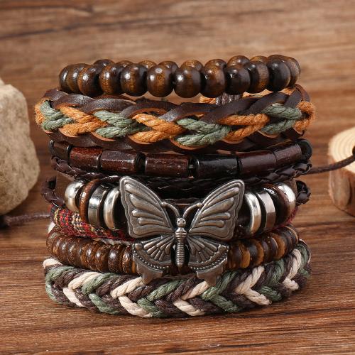 PU Leather Cord Bracelets, with Wood & Tibetan Style, 7 pieces & vintage & for man, mixed colors, Sold By Set