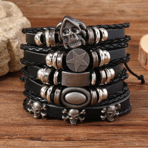 PU Leather Cord Bracelets, with Tibetan Style, 5 pieces & punk style & for man, black, Sold By Set