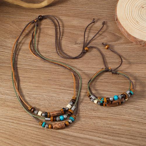 Jewelry Sets, Wood, with Wax Cord, 2 pieces & Bohemian style & Unisex, mixed colors, Sold By Set