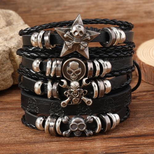 PU Leather Cord Bracelets, with Tibetan Style, 5 pieces & punk style & for man, black, Sold By Set