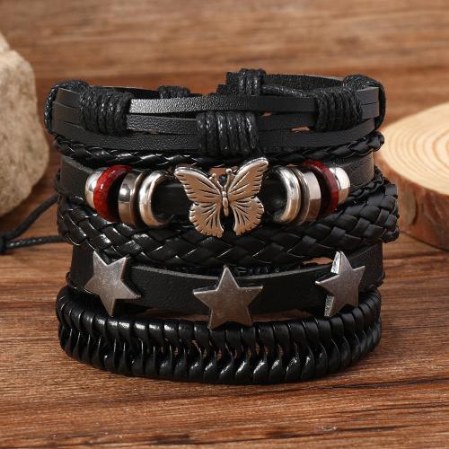 PU Leather Cord Bracelets, with Tibetan Style, 5 pieces & for man, black, Sold By Set