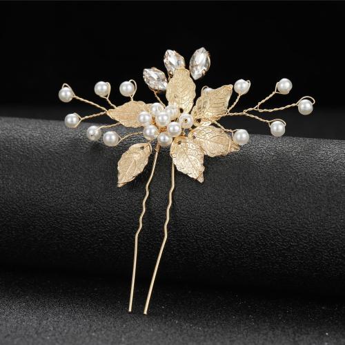 Hair Stick, Iron, with brass wire & Plastic Pearl, fashion jewelry & for woman, golden, 92x95mm, Sold By PC