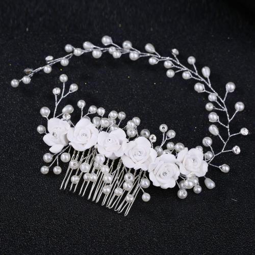 Decorative Hair Combs, Plastic Pearl, with brass wire & Polymer Clay, fashion jewelry & for woman, more colors for choice, Length : 34cm, width of comb part : 8cm, Sold By PC