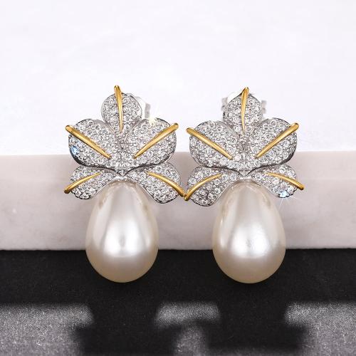 Cubic Zirconia Micro Pave Brass Earring, with Plastic Pearl, fashion jewelry & micro pave cubic zirconia & for woman, Sold By Pair