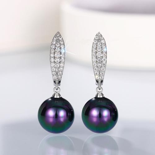 Boucles d'oreilles en laiton zircon cubique pavent, avec perle de plastique, bijoux de mode & pavé de micro zircon & pour femme, 34mm, Vendu par paire