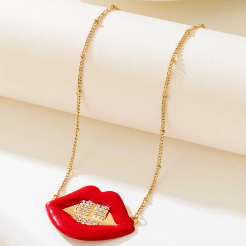 Collar de Aleación de Zinc, Labios, chapado, micro arcilla de zirconia cúbica & para mujer & esmalte, dorado, Vendido por UD