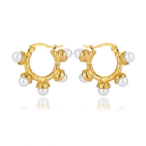 Titanium Steel  Earring, with Plastic Pearl, plated, for woman, gold, 29x24mm, Sold By Pair