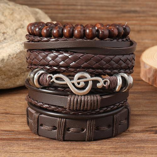 PU Leather Cord Bracelets, with Wood & Tibetan Style, 6 pieces & vintage & for man, coffee color, Sold By Set