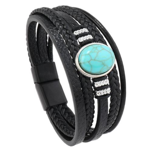 PU Leather Cord Bracelets, with turquoise & Tibetan Style, vintage & multilayer & for man, more colors for choice, Length:Approx 21.5 cm, Sold By PC