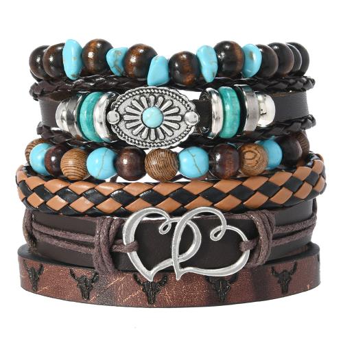 PU Leather Cord Bracelets, with turquoise & Wax Cord & Wood & Tibetan Style, 6 pieces & multilayer & for man, mixed colors, Sold By Set