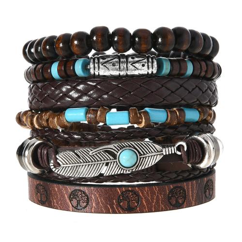 PU Leather Cord Bracelets, with Tibetan Style, handmade, 6 pieces & vintage & for man, coffee color, Length:Approx 21.5 cm, Sold By Set