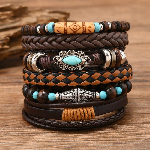 PU Leather Cord Bracelets, with turquoise & Tibetan Style, handmade, 6 pieces & vintage & for man, deep coffee color, Length:Approx 21.5 cm, Sold By Set