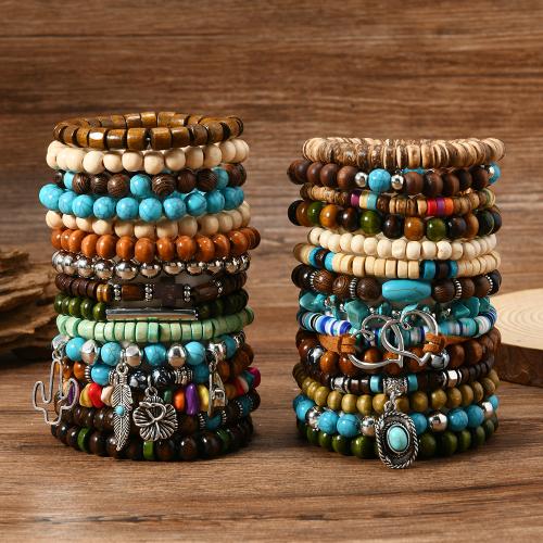 Tibetan Style Bracelet, with Wood, 30 pcs & elastic & for man, mixed colors, Sold By Set