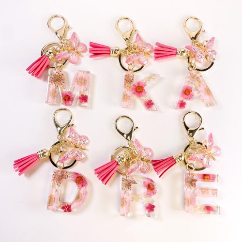 Bag Purse Charms Keyrings Keychains, Resin, with Dried Flower, portable & letters are from A to Z & multifunctional & different styles for choice & epoxy gel, pink, Sold By PC