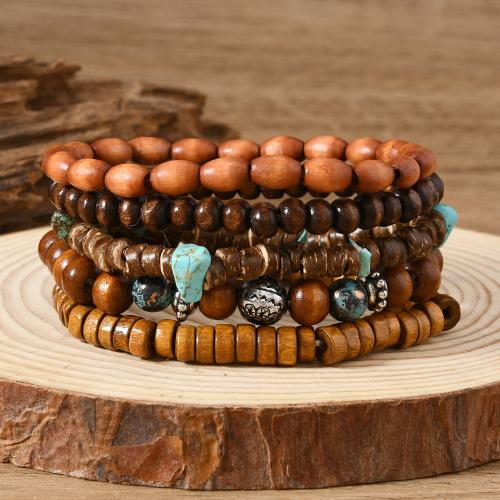 Bracelet en alliage de zinc, avec turquoise & bois, 5 pièces & multicouche & styles différents pour le choix & pour homme, plus de couleurs à choisir, Vendu par fixé