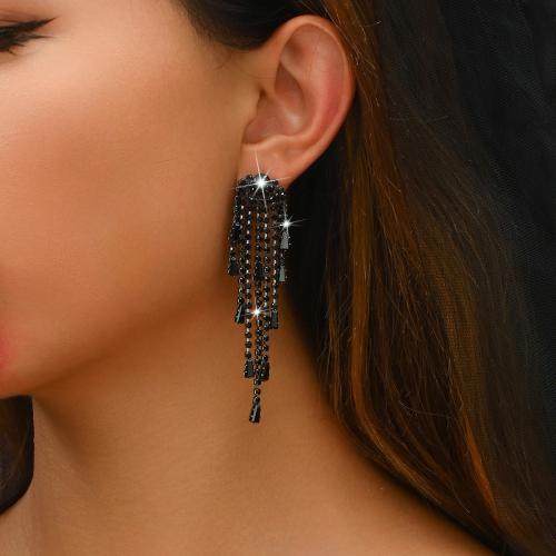 Tibetan Style Tassel Earring, with Rhinestone, fashion jewelry & for woman, black, 80x20mm, Sold By Pair