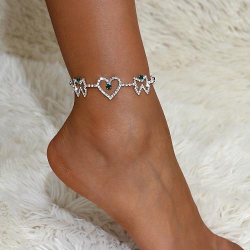 Brass Anklet, with 2.4inch extender chain, Heart, silver color plated, for woman & with rhinestone & hollow, more colors for choice, Length:Approx 8.7 Inch, Sold By PC