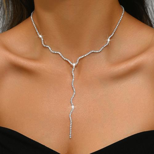 Brass Necklace, with 6.3inch extender chain, plated, for woman & with rhinestone, silver color, Length:Approx 11.8 Inch, Sold By PC