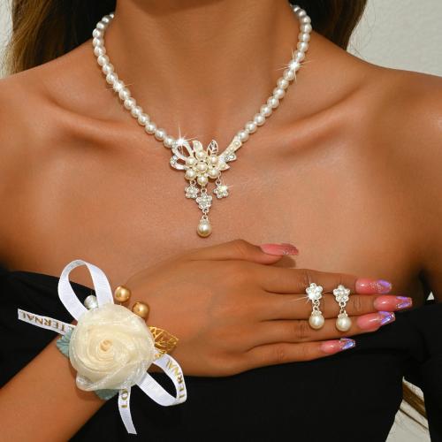 Tibetan Style Jewelry Set, with Cloth & Plastic Pearl, Flower, plated, different styles for choice & for woman & with rhinestone, Sold By Set