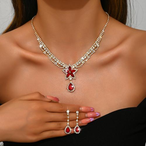 Rhinestone Jewelry Set, earring & necklace, with Crystal & Tibetan Style, Star, gold color plated, 2 pieces & for woman, more colors for choice, Sold By Set