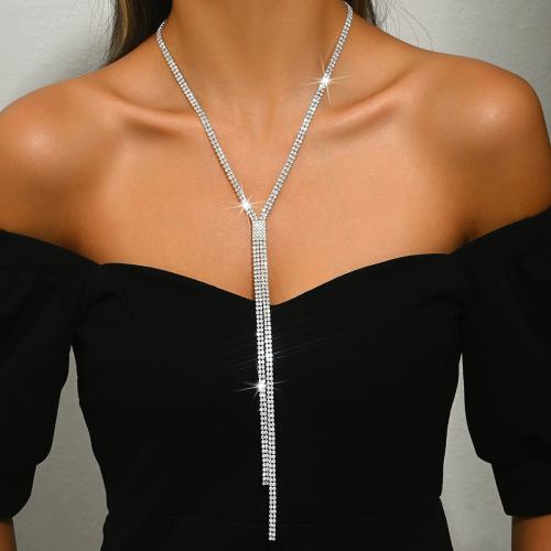 laiton collier, avec strass, avec 6.3inch chaînes de rallonge, Placage, bijoux de mode & pour femme, argent, Longueur:Environ 18.9 pouce, Vendu par PC