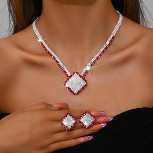 Rhinestone Jewelry Set, Stud Earring & necklace, with Tibetan Style, Geometrical Pattern, plated, 2 pieces & for woman, more colors for choice, Sold By Set