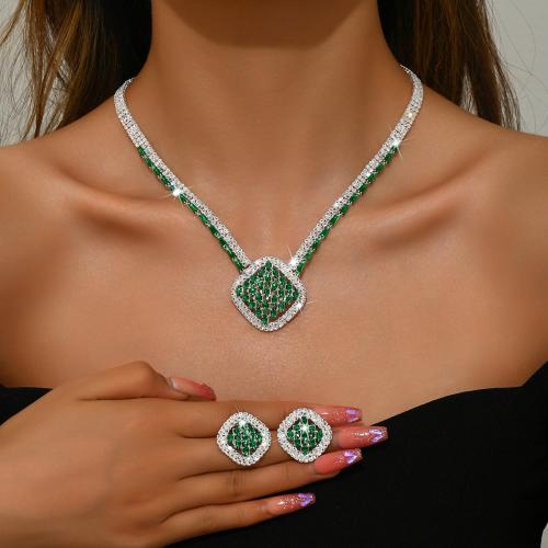 Rhinestone Jewelry Set, Stud Earring & necklace, with Tibetan Style, Geometrical Pattern, plated, 2 pieces & micro pave cubic zirconia & for woman, more colors for choice, Sold By Set