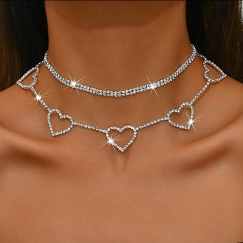 Tibetan Style Necklace, with 2.4inch extender chain, Heart, plated, for woman & with rhinestone & hollow, more colors for choice, Length:Approx 12.8 Inch, Sold By PC