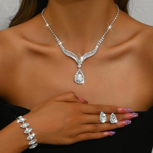 Brass Jewelry Set, with Crystal, plated, different styles for choice & for woman & with rhinestone, silver color, Sold By Set