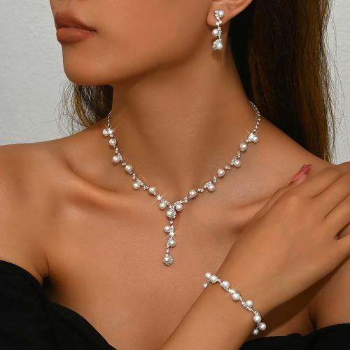 Brass Jewelry Set, with Plastic Pearl, plated, different styles for choice & for woman & with rhinestone, silver color, Sold By Set