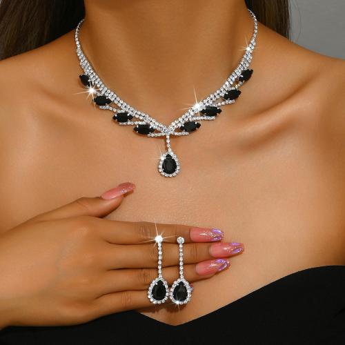 Rhinestone Jewelry Set, earring & necklace, with Tibetan Style, plated, 2 pieces & for woman, more colors for choice, Sold By Set