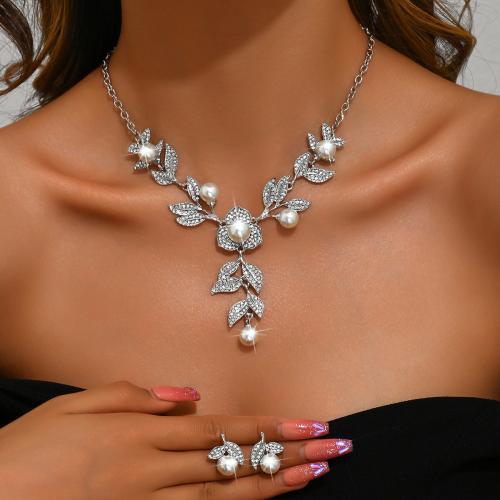 Rhinestone Jewelry Set, with Plastic Pearl & Tibetan Style, Flower, plated, 2 pieces & for woman, silver color, Sold By Set