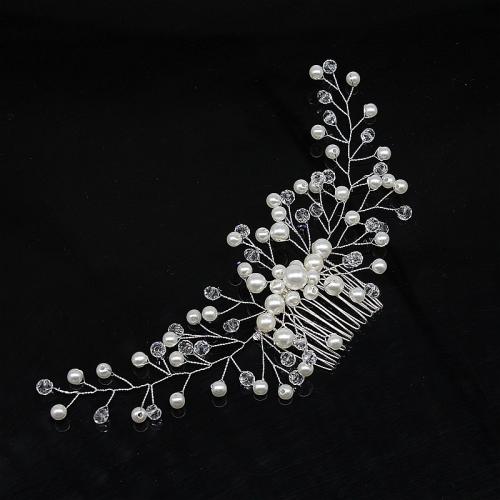 Decorative Hair Combs, Iron, with brass wire & Crystal & Plastic Pearl, for bridal, silver color, 220x65mm, Sold By PC