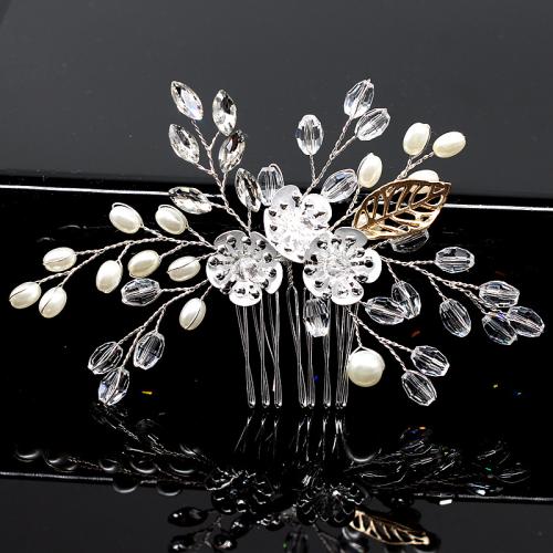 Decorative Hair Combs, Iron, with brass wire & Crystal & Plastic Pearl, for bridal, silver color, 120x75mm, Sold By PC