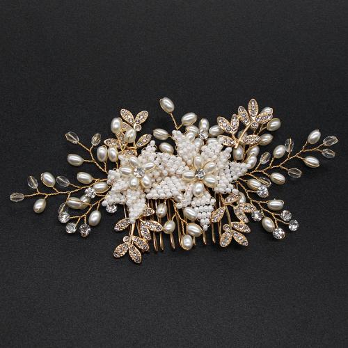 Decorative Hair Combs, Iron, with brass wire & Crystal & Plastic Pearl, for bridal & with rhinestone, golden, 150x70mm, Sold By PC