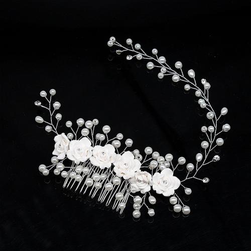 Decorative Hair Combs, Iron, with brass wire & Polymer Clay & Plastic Pearl, for bridal & with rhinestone, silver color, 330x60mm, Sold By PC